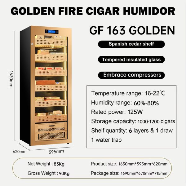 Tủ điện bảo quản xì gà Golden Fire GF 163 1200 điếu màu golden